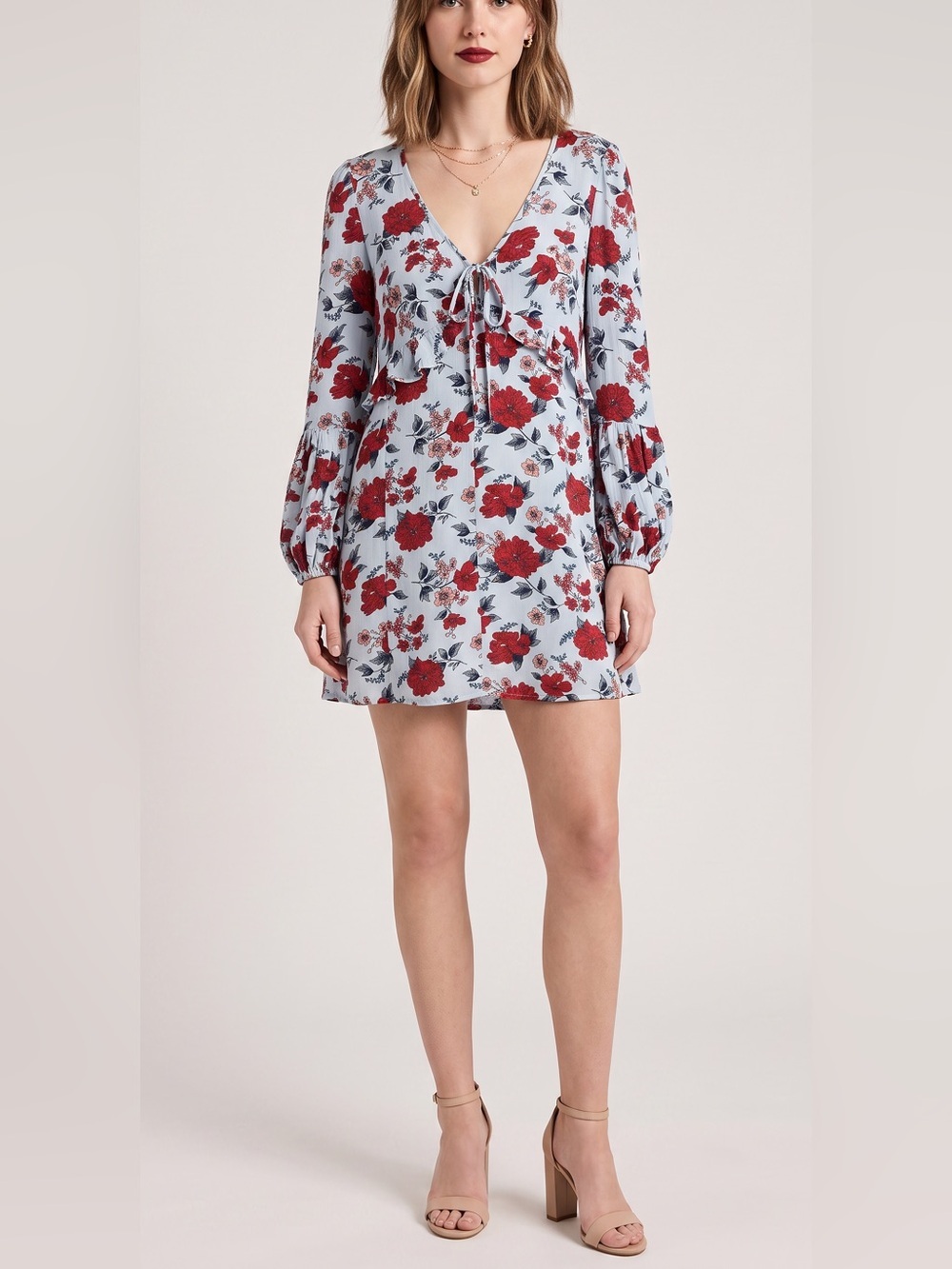 New American Eagle Outfitters Blue Red Floral Boho poof Sleeve Dress